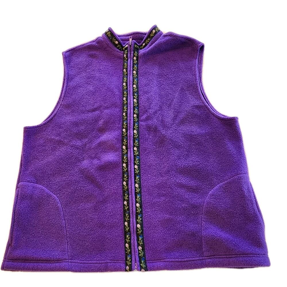 VTG Simply Susan Graver Purple Fleece Vest Full Zip Floral Ribbon Trim Sz Large